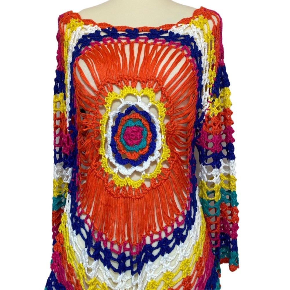 Boho Rainbow Colored Crochet Knit Hollow-Out Beach Coverup - Picture 9 of 16